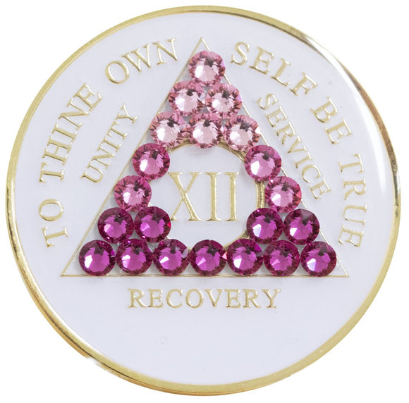 1 - 40 Year White AA Medallion Pink Transition Swarovski Crystal Sobriety Chip