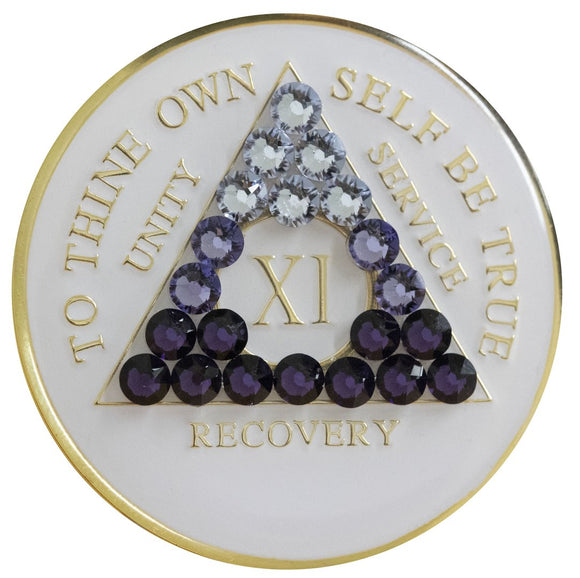1 - 40 Year White AA Medallion Purple Transition Swarovski Crystal Sobriety Chip