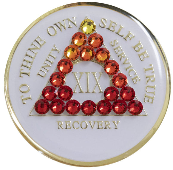 1 - 40 Year White AA Medallion Red Transition Swarovski Crystal Sobriety Chip