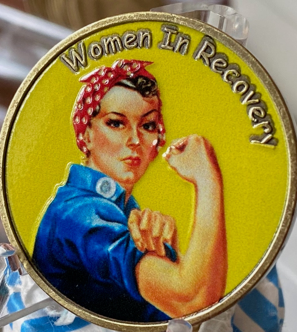 Women In Recovery Medallion Yellow Rosie Riveter Serenity Prayer