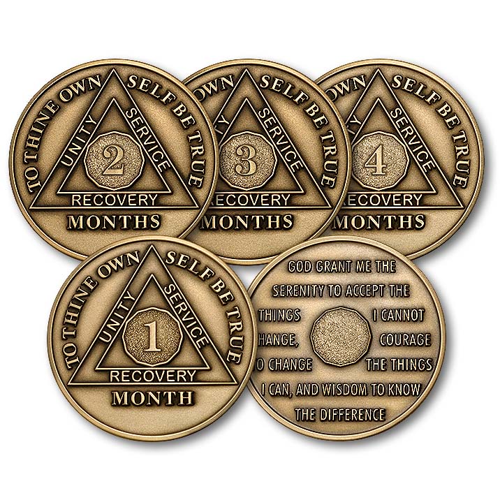 Set of Bronze AA Coins and Keychain Holder | Sobriety Chips for Month 1-11,  1 Year, 24-Hour | Sober Recovery Gift of AA Medallions with Serenity