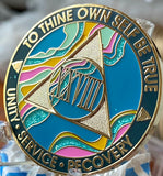 28 Year AA Medallion Elegant Tahiti Teal Blue and Pink Marble Gold Sobriety Chip