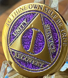 1 Year AA Medallion Elegant Purple Glitter Gold & Silver Plated Sobriety Chip