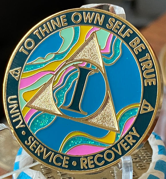 1 Year AA Medallion Elegant Tahiti Teal Blue and Pink Marble Gold Sobriety Chip