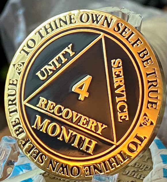 4 Month AA Medallion Reflex Black Gold Plated 120 Day Sobriety Chip