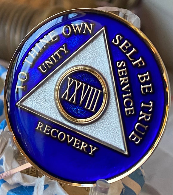 28 Year AA Medallion Blue Tri-Plate Sobriety Chip