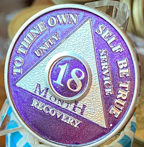 18 Month AA Medallion Purple Silver Plated Sobriety Chip