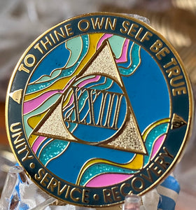 23 Year AA Medallion Elegant Tahiti Teal Blue and Pink Marble Gold Sobriety Chip