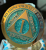 1 Year AA Medallion Elegant Aqua Glitter Gold Plated Sobriety Chip