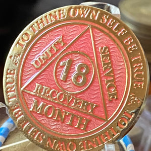 18 Month AA Medallion Reflex Pink Gold Plated Sobriety Chip