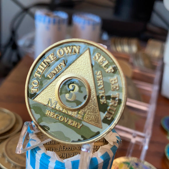 3 Month AA Medallion Camo Gold Plated Sobriety Chip