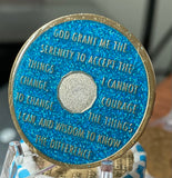 1 Year AA Medallion Aruba Blue Glitter Tri-Plate Sobriety Chip