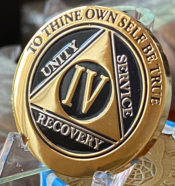 4 Year Elegant Black Sobriety Chip Medallion Given To and By AA Members