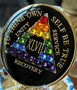 47 Year AA Medallion Black Rainbow Crystal Sobriety Chip