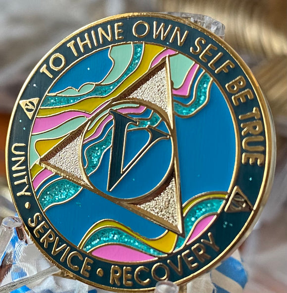 5 Year AA Medallion Elegant Tahiti Teal Blue and Pink Marble Gold Sobriety Chip
