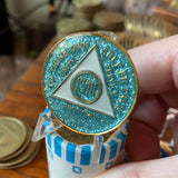 18 Year AA Medallion Aqua Glitter Tri-Plate Sobriety Chip