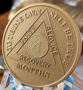 4 Month AA Medallion 1.5" Large Challenge Coin Premium Bronze Sobriety Chip