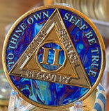 1 or 2 Year AA Medallion Sapphire Blue Swirl Tri-Plate Sobriety Chip