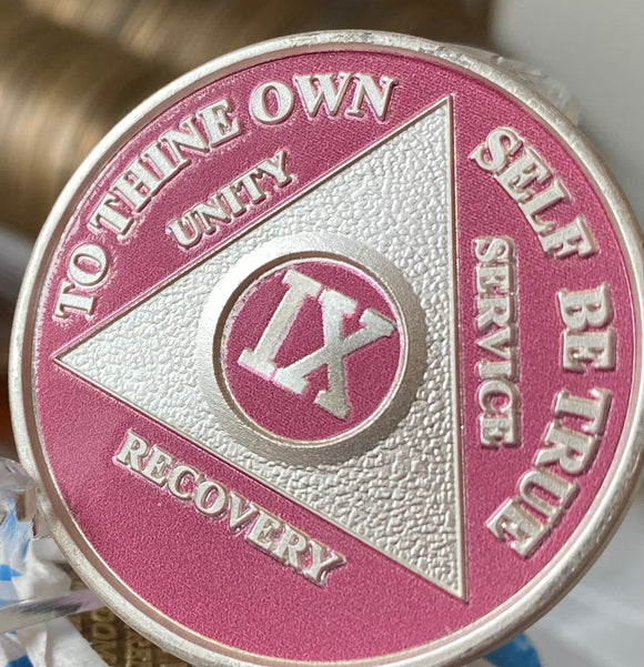 9 Year AA Medallion Pink Silver Plated Sobriety Chip