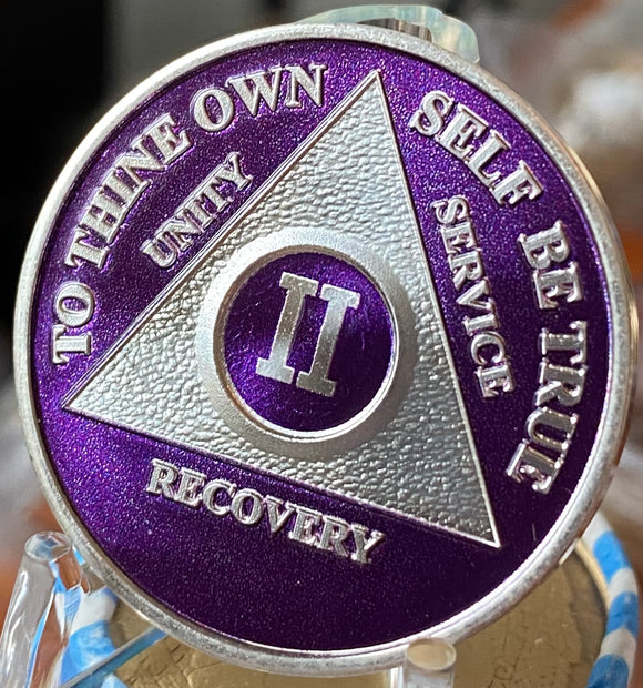 2 Year AA Medallion Purple Silver Plated Sobriety Chip