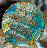 2 Year AA Medallion Elegant Caribbean Aqua Glitter Teal Marble Gold Sobriety Chip