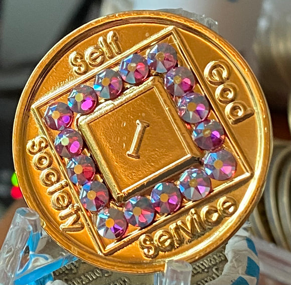 1 Year NA Medallion Gold Amethyst Crystal Sobriety Chip