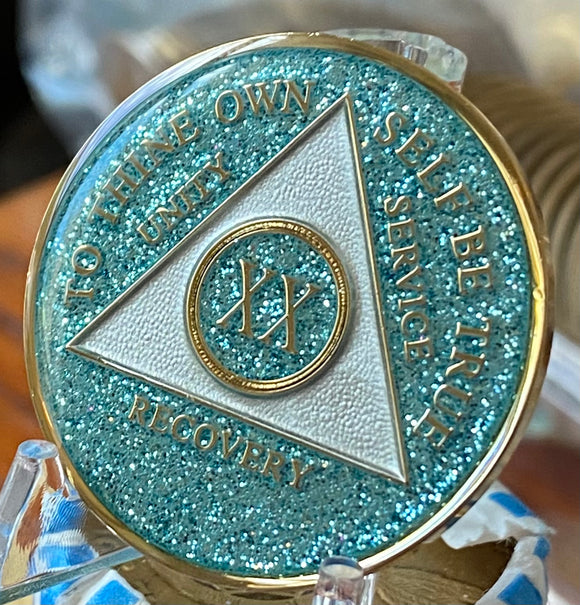 20 Year AA Medallion Aqua Glitter Tri-Plate Sobriety Chip