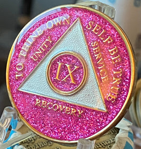 9 Year AA Medallion Pink Glitter Tri-plate Sobriety Chip