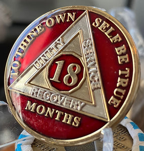 18 Month AA Medallion Mandarin Red Metallic Tri-Plate Sobriety Chip