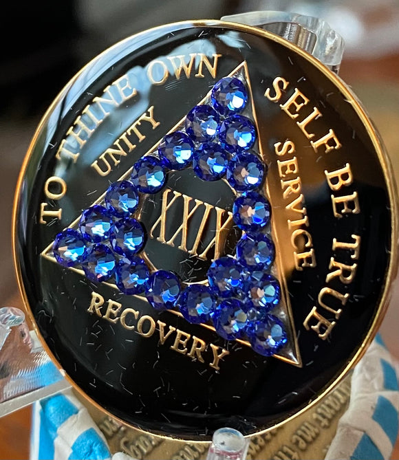 29 Year AA Medallion Black Blue Sapphire Crystal Sobriety Chip