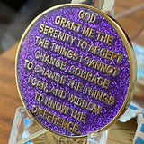 1 Year AA Medallion Elegant Purple Glitter Gold & Silver Plated Sobriety Chip