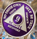 9 Month AA Medallion Purple Silver Plated Sobriety Chip