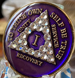 1 Year AA Medallion Purple Tri-Plate Clear Diamond Like Swarovski Crystal Sobriety Chip