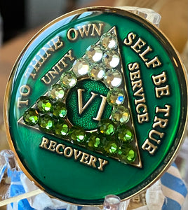 6 Year AA Medallion Green Transition Crystal Sobriety Chip Swarovski Crystals