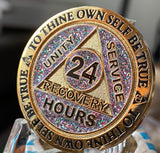 24 Hours AA Medallion Reflex Funfetti Birthday Glitter Gold Plated Sobriety Chip