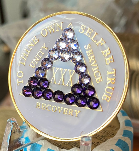 30 Year AA Medallion White Tri-plate Purple Transition Crystal Sobriety Chip