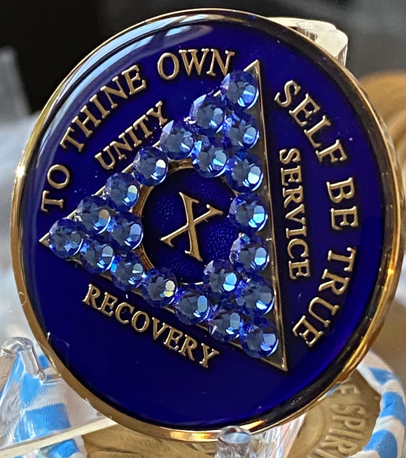 10 Year AA Medallion Blue Sapphire Crystal Sobriety Chip
