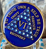 6 Year AA Medallion Blue Sapphire Crystal Sobriety Chip