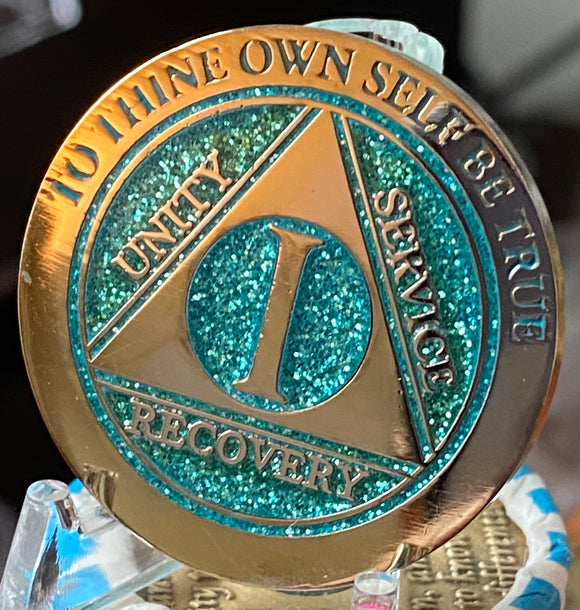 1 Year AA Medallion Elegant Aqua Glitter Gold Plated Sobriety Chip