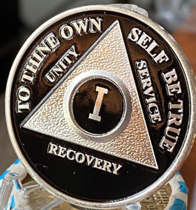 1 Year AA Medallion Black Silver Plated Sobriety Chip
