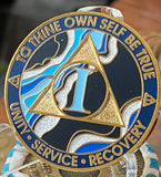 1 Year AA Medallion Elegant Blue Marble Gold Sobriety Chip