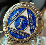 1 Year AA Medallion Elegant Blue Gold Herringbone Sobriety Chip