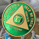 15 Year AA Medallion Green Gold Plated Sobriety Chip