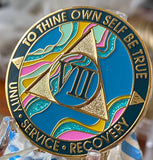 7 Year AA Medallion Elegant Tahiti Teal Blue and Pink Marble Gold Sobriety Chip