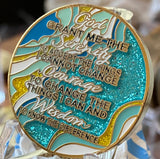 3 Year AA Medallion Elegant Caribbean Aqua Glitter Teal Marble Gold Sobriety Chip