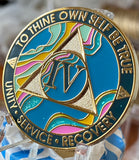 4 Year AA Medallion Elegant Tahiti Teal Blue and Pink Marble Gold Sobriety Chip