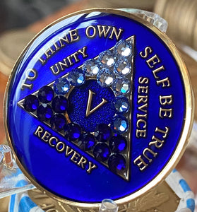 5 Year AA Medallion Blue Sapphire Transition Crystal Sobriety Chip