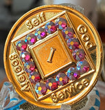 1 Year NA Medallion Gold Amethyst Crystal Sobriety Chip