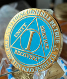 1 Year AA Medallion Reflex Glow In The Dark Gold Plated Blue Sobriety Chip